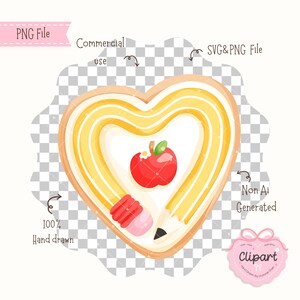 Peut inclure: Illustration en forme de c&oelig;ur avec un motif de crayon jaune et une pomme rouge au centre. Le design comprend le texte "PNG File", "Commercial use", "SVG & PNG File", "100% Hand drawn", "Non AI Generated", et "Clipart".