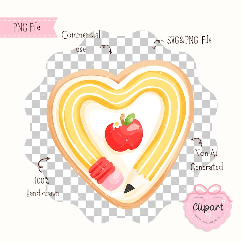 Peut inclure: Illustration en forme de c&oelig;ur avec un motif de crayon jaune et une pomme rouge au centre. Le design comprend le texte "PNG File", "Commercial use", "SVG & PNG File", "100% Hand drawn", "Non AI Generated", et "Clipart".