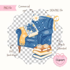 Pu&ograve; includere: Una poltrona blu con dettagli a fiocco di neve, una pila di libri e una coperta gialla. Un libro con un disegno floreale poggia sulla sedia. L'immagine include il testo "PNG File", "Commercial use", "SVG&PNG File", "Non Ai Generated", "100% Hand drawn" e "Clipart".