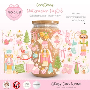 Könnte beinhalten: Eine digitale Illustration eines Glasdosen-Wraps mit dem Thema Weihnachten Nussknacker Pastel. Das Design umfasst festliche Elemente wie Nussknacker, Ornamente und eine Ballerina. Der Text gibt zwei Größen an: 24.77cm x 12.7cm und 23.88cm x 10.16cm.