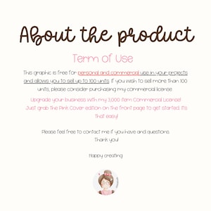 May include: A digital art graphic with text that reads "About the product" and "Term of Use". The text explains the terms of use for the graphic, including personal and commercial use, and a commercial license option.