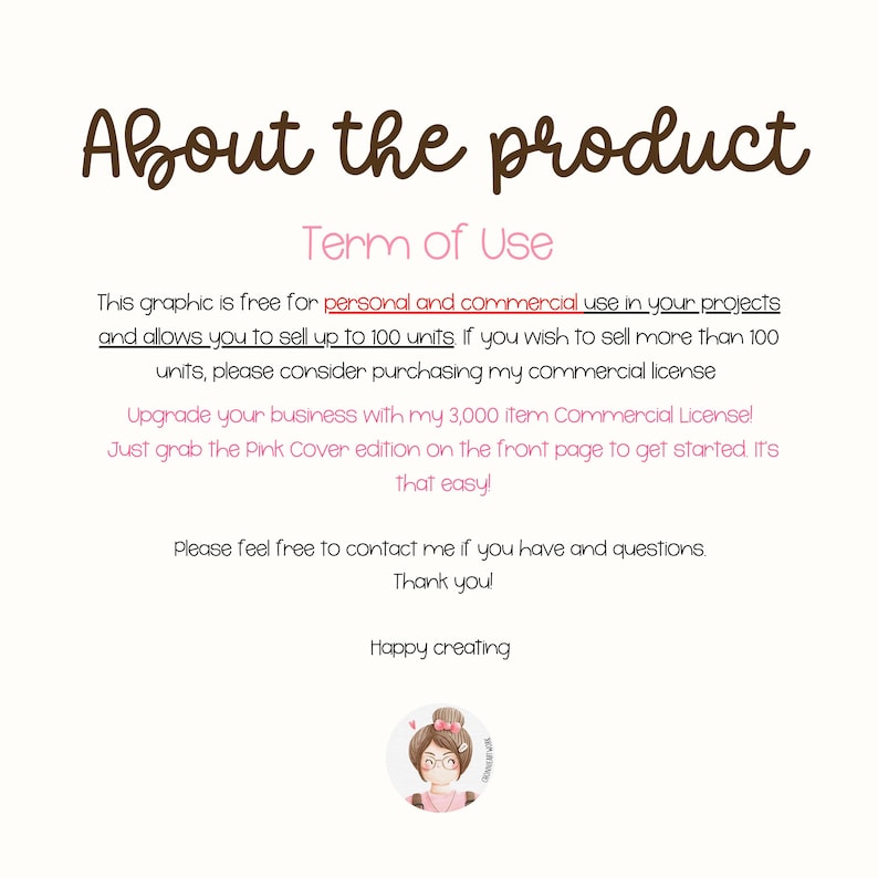 May include: A digital art graphic with text that reads "About the product" and "Term of Use". The text explains the terms of use for the graphic, including personal and commercial use, and a commercial license option.