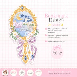 May include: A digital bookmark design featuring an ornate gold mirror frame containing a castle, a crescent moon, and a dragon. The handle is adorned with a large lavender ribbon and dangling charms. Text includes Bookmark Design, PNG Approx Size: 5.4x9.5 inch, SVG Files, 1 PDF, and Chonnie artwork.