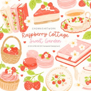 May include: A digital illustration featuring a collection of raspberry-themed elements. The image includes books, a slice of cake, a teacup, a basket of raspberries, macarons, a cupcake, and a teapot. The text "Raspberry Cottage Sweet Garden" is also present.