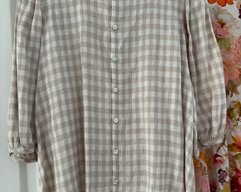 Ladies taupe linen button up gingham blouse