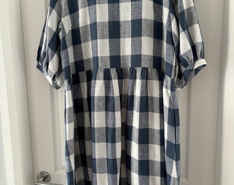 Large gingham denim blue and white Linen Ladies Smock Boho Dress Handmade slow fashion SIZE L - AUS 14-16
