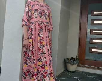 Women&#39;s handmade boho style popular vintage inspired pink floral print viscose summer maxi sun dress natural fibre