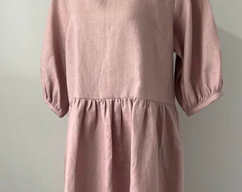 Blush Linen Ladies Smock Boho Dress Handmade Size M
