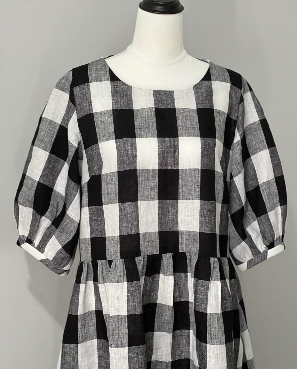 Linen gingham black and white Ladies Smock Boho Dress Handmade slow fashion SIZE Medium - AUS 12-14