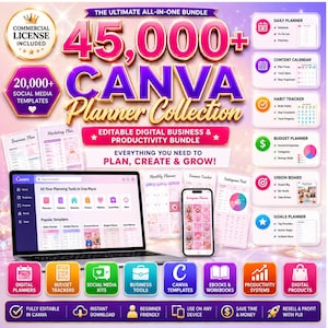 Puede incluir: Un paquete digital con más de 45,000 plantillas de Canva, incluyendo planificadores diarios, calendarios de contenido, rastreadores de hábitos, presupuestos, tableros de visión y metas. Muestra una computadora portátil y un teléfono inteligente.