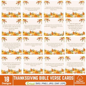 May include: A collection of 18 Thanksgiving Bible verse cards with autumn-themed illustrations of pumpkins and floral arrangements. Each card features a different verse from the Bible. The cards are designed for use with Cricut machines.