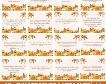 Thanksgiving Bible Verse Cards, Gratitude Scripture Card Set, Thankful Bible Memory, Printable Set of 18, Place Cards, Table Decor