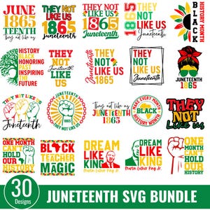 Peut inclure: Un ensemble de 30 motifs SVG Juneteenth. Les motifs comprennent du texte tel que "June 1865", "They Not Like Us" et "Black History Month". Les graphiques incluent un tournesol, des poings levés et un portrait de Martin Luther King Jr.