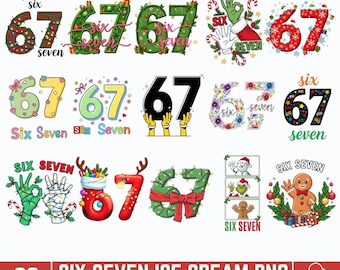 May include: A collection of twenty digital designs featuring the numbers "67" and the words "six seven" in various styles. Designs include festive, floral, and whimsical themes, suitable for crafting projects.
