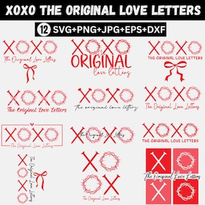 Może przedstawiać: Kolekcja czerwonych i białych cyfrowych wzorów z literami XOXO, z wariantami obejmującymi gwoździe, kokardę i koronę cierniową. Tekst "XOXO The Original Love Letters" jest zawarty. Obraz zawiera również tekst "12 SVG+PNG+JPG+EPS+DXF".