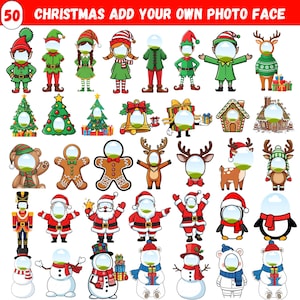Peut inclure: Une collection de 50 découpes sur le thème de Noël avec un espace pour un visage photo. Comprend des elfes, le Père Noël, des rennes, des bonhommes de neige, des bonhommes en pain d'épices et des arbres de Noël. Le texte en haut indique "CHRISTMAS ADD YOUR OWN PHOTO FACE."