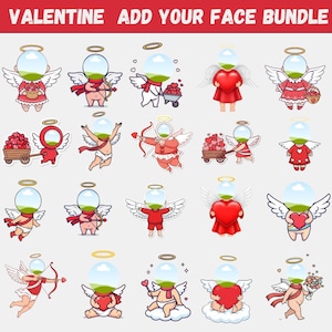 May include: A collection of Valentine's Day-themed stickers featuring cartoon cherubs with halos and wings. The cherubs are depicted in various poses, some holding hearts, bows and arrows, or carrying carts of hearts. The text "VALENTINE ADD YOUR FACE BUNDLE" is at the top.