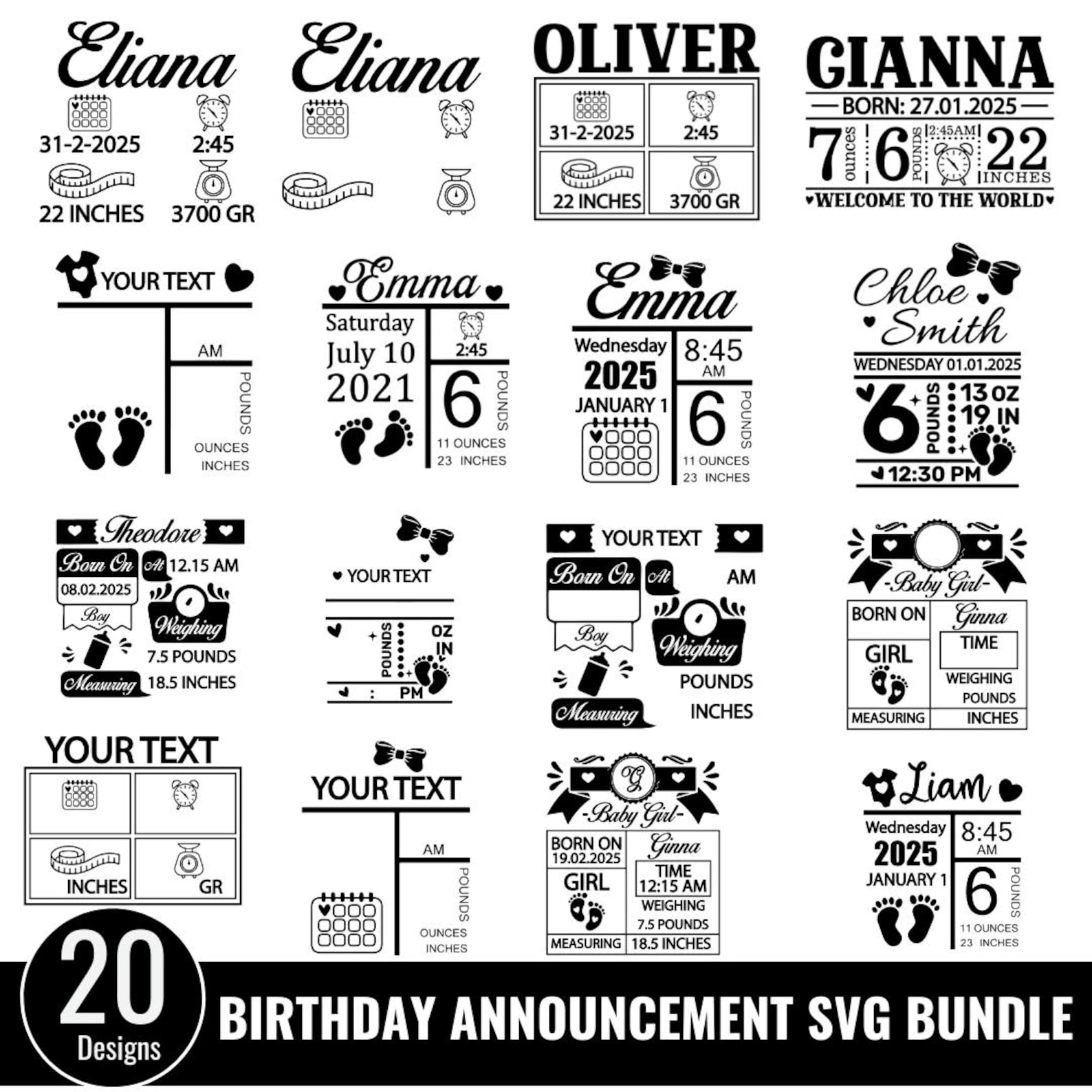 Birth Announcement Svg Bundle, Baby Stats Template, Birth Stats Svg ...
