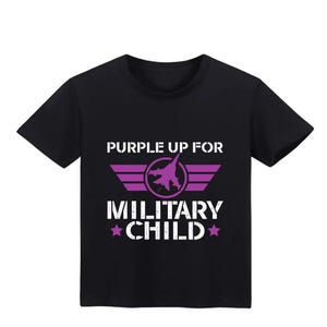 May include: Black t-shirt with a purple design that says "Purple Up For Military Child" with a purple airplane graphic and two stars.