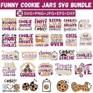 Op de afbeelding: Een bundel van 30 SVG-, PNG-, JPG-, EPS- en DXF-bestanden met cookie-thema ontwerpen. De ontwerpen bevatten teksten zoals "Cookie Stache" en illustraties van koekjespotten. Het kleurenschema is voornamelijk bordeauxrood en zwart.
