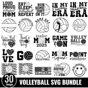 Peut inclure: Un lot de 30 designs SVG sur le thème du volley-ball en noir et blanc. Les designs comprennent des phrases comme "Loud Proud Volleyball Mom", "Eat Sleep Volleyball Repeat", "In My Volleyball Era", "Game Day", "Senior Mom 2025", "Game On", "Volleyball Junkie", "Mom Squad", "Point Machine", "Little Sister Biggest Fan", et "In My Volleyball Era".