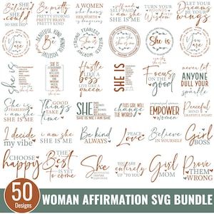 女性の肯定 SVG バンドル、女性のエンパワーメント SVG、強い女性 SVG、ポジティブな名言、女の子の名言 SVG、彼女は私 SVG、インスピレーション SVG
