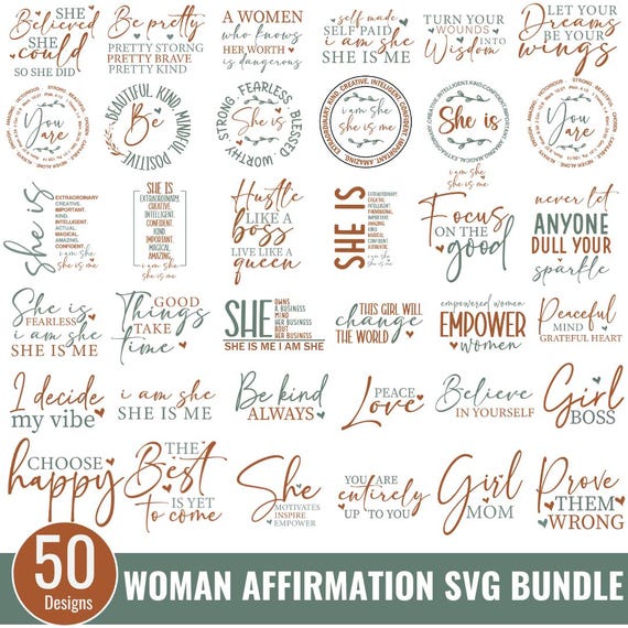 Woman Affirmation SVG Bundle, Women Empowerment svg, Strong woman Svg, Positive Quotes, Girl Quotes Svg ,She is me SVG, Inspirational Svg
