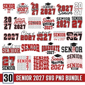 Può includere: Una collezione di trenta design grafici digitali con il testo Senior 2027, Class of 2027 e Graduate 2027 in vari stili tipografici rossi, neri e bianchi, inclusi tocchi di laurea, nastri ed elementi decorativi per abbigliamento scolastico.