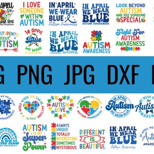 mega pacote svg de conscientização sobre autismo, em abril usamos SVG azul, SVG de autismo, fita de autismo Png, peça de quebra-cabeça, camiseta de autismo, arco-íris azul Svg