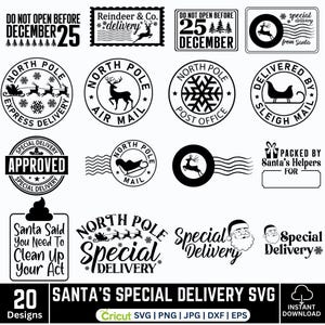 May include: A collection of 20 black and white Santa's Special Delivery SVG designs. The designs include stamps, labels, and graphics with text such as "Do Not Open Before December 25" and "North Pole Special Delivery."