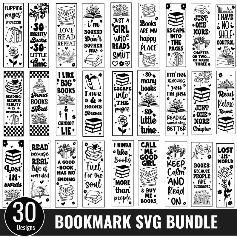 K&ouml;nnte beinhalten: Ein Set mit 30 schwarz-wei&szlig;en Lesezeichen-Designs mit verschiedenen buchbezogenen Zitaten und Illustrationen. Die Designs beinhalten S&auml;tze wie "Love Books Forever", "I Kinda Like Books" und "Read Because Real Life is Overrated".
