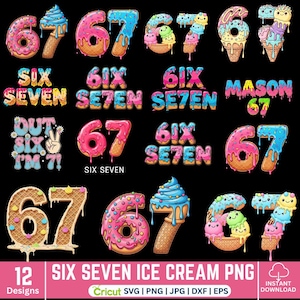 Könnte beinhalten: Zwölf farbenfrohe Eiscreme-Designs mit den Zahlen 67 und den Wörtern "Six" und "Seven". Die Designs umfassen Eistüten, Donuts und Text auf schwarzem Hintergrund.