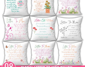Almofada com Carta Floral para a Mamãe - Design para Sublimação, Almofada de Agradecimento à Mamãe (PNG), Dia das Mães, Modelo de Almofada para o Dia das Mães, Almofada de Presente para o Dia das Mães