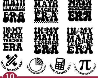 Può includere: Una collezione di grafiche in bianco e nero con la scritta "IN MY MATH TEACHER ERA". I disegni includono simboli matematici, una calcolatrice e il numero 10, indicando un pacchetto di 10 disegni. Il testo è in un font retrò.