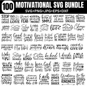 Puede incluir: Un paquete de descarga digital de 100 archivos SVG motivacionales. El texto negro incluye frases como "Sueña sin miedo" y "Sé amable". Para máquinas de corte y software de diseño.