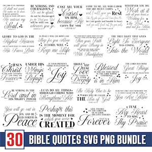 Könnte beinhalten: Eine Sammlung von 30 schwarz-weißen digitalen Grafikdesigns mit verschiedenen Bibelversen und inspirierenden Zitaten in unterschiedlichen Typografiestilen, einschließlich Schreib- und Serifenschriften, mit kleinen Herzakzenten.