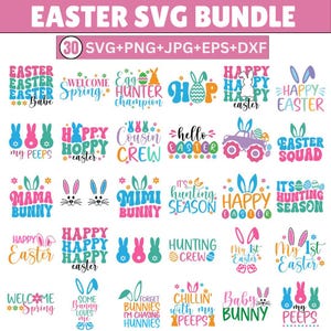 Puede incluir: Una colección de 30 diseños SVG con temática de Pascua en varios colores. Los diseños incluyen frases como "Felices Pascuas", "Mamá Conejita" y "Bienvenida Primavera", junto con gráficos de conejos y huevos. El paquete incluye archivos SVG, PNG, JPG, EPS y DXF.