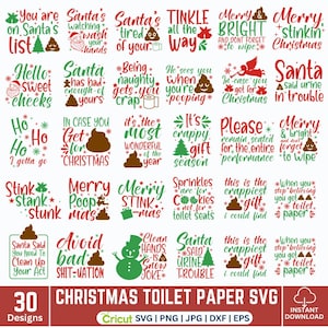 Puede incluir: Una colección de 30 diseños SVG con temática navideña para papel higiénico, con frases y gráficos humorísticos. Los diseños incluyen texto e ilustraciones en rojo, verde y negro, perfectos para manualidades y regalos navideños.