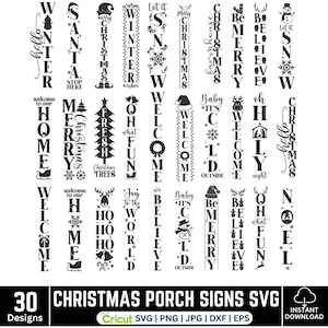 Könnte beinhalten: Eine Sammlung von 30 schwarz-weißen Weihnachts-Veranda-Schild-Designs. Die Schilder zeigen verschiedene festliche Phrasen und Bilder, darunter Schneemänner, Schneeflocken und Weihnachtsbäume. Der untere Teil des Bildes lautet "Christmas Porch Signs SVG".