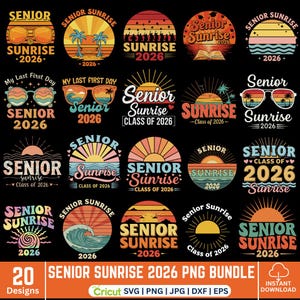 以下が含まれることがあります： 「Senior Sunrise 2026」のデザイン20種類をまとめたPNGバンドル。各デザインは、「Senior Sunrise」や「Class of 2026」などのテキストとともに、夕焼けをテーマにしています。サングラス、ヤシの木、波などをレトロなスタイルで表現しています。
