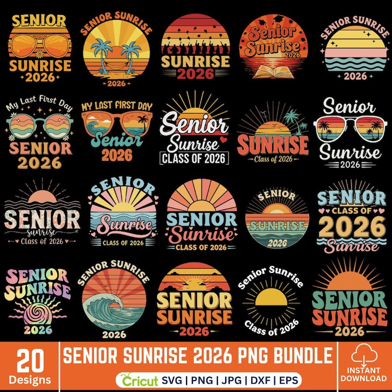 以下が含まれることがあります： 「Senior Sunrise 2026」のデザイン20種類をまとめたPNGバンドル。各デザインは、「Senior Sunrise」や「Class of 2026」などのテキストとともに、夕焼けをテーマにしています。サングラス、ヤシの木、波などをレトロなスタイルで表現しています。