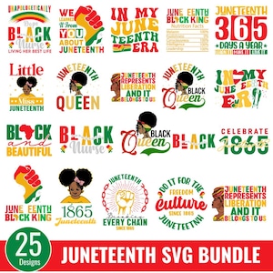 May include: A collection of 25 digital designs celebrating Juneteenth. The designs feature various phrases and images related to Juneteenth, including "Black Queen", "Juneteenth King", "Black Nurse", and "Celebrate 1865".