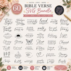 Könnte beinhalten: Ein digitales Bündel mit 60 Bibelvers-Designs in schwarzer Schreibschrift und Serifenschrift. Die Sammlung enthält Phrasen wie Faith Over Fear, Love Never Fails und Be The Light sowie Illustrationen eines Schmetterlings, Bergen und eines Bootes.