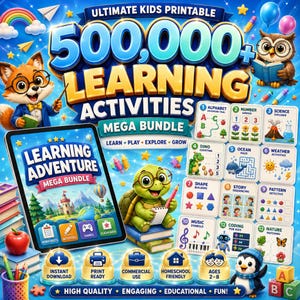 Puede incluir: Un gráfico digital para un paquete de más de 500,000 actividades de aprendizaje con un zorro, un búho y una tortuga con gafas. Muestra una tableta con una portada de aventura de aprendizaje, doce tarjetas de actividades e iconos de descarga.