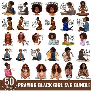 Biddende zwarte meid svg bundel, vrouw van geloof, biddende zwarte vrouwen, Afro-Amerikaanse vrouwen in gebed, zwarte vrouw clipart, biddende meisje, planner