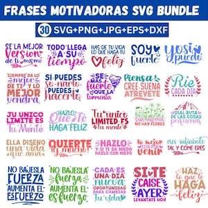 以下が含まれることがあります： 30のスペイン語のモチベーションフレーズを含むデジタルSVGバンドル。フレーズはさまざまな色とフォントで、花、ハート、渦巻きなどのデザインがあります。「最高の自分になりましょう」などのフレーズが含まれています。