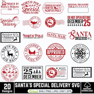 May include: A collection of 20 red and black Christmas-themed designs, including stamps, labels, and logos. Designs feature Santa Claus, reindeer, and phrases like "Special Delivery" and "North Pole". Perfect for holiday crafts.