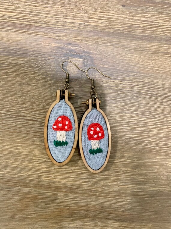 Embroidered Mushroom Earrings Etsy