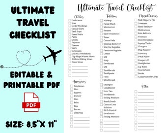 May include: A printable checklist for travel, with categories for clothes, toiletries, miscellaneous items, accessories, and other. The checklist is on a light blue background with a heart and airplane graphic. The checklist is 8.5 inches by 11 inches.