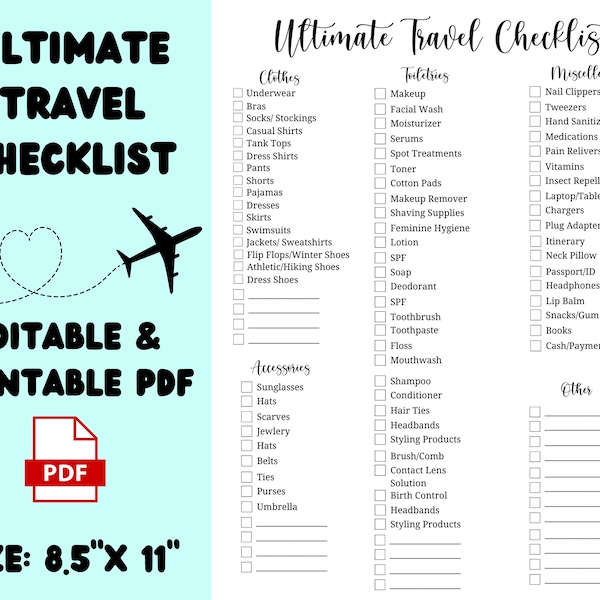 Ultimate Travel Checklist | Editable Travel Checklist | Printable Vacation Checklist | Holiday Packing Checklist